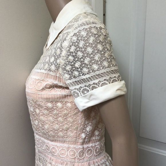 Vintage 1940’s Pink Midi Sheath Wiggle Dress Collared Embroidered Lace Overlay - Picture 5 of 14